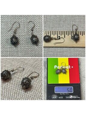 VTG Sterling Silver Bali Dangle Ball Hook Earrings